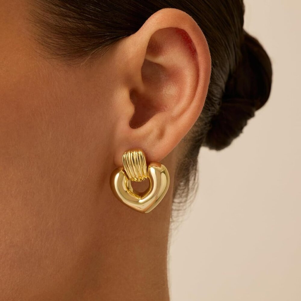 14K Gold Plated Chunky Dangle Door Knocker Earrings for Women | Trendy Geometric - Picture 4 of 5